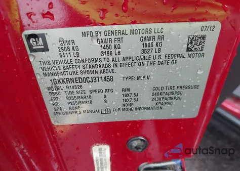 2012 GMC Acadia Sl из США, поврежденный, VIN 1GKKRNED0CJ371458